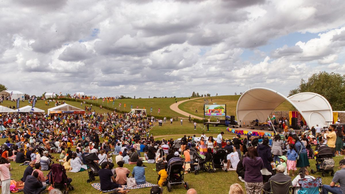 Crowd around the stage in Campbell Park in Milton Keynes