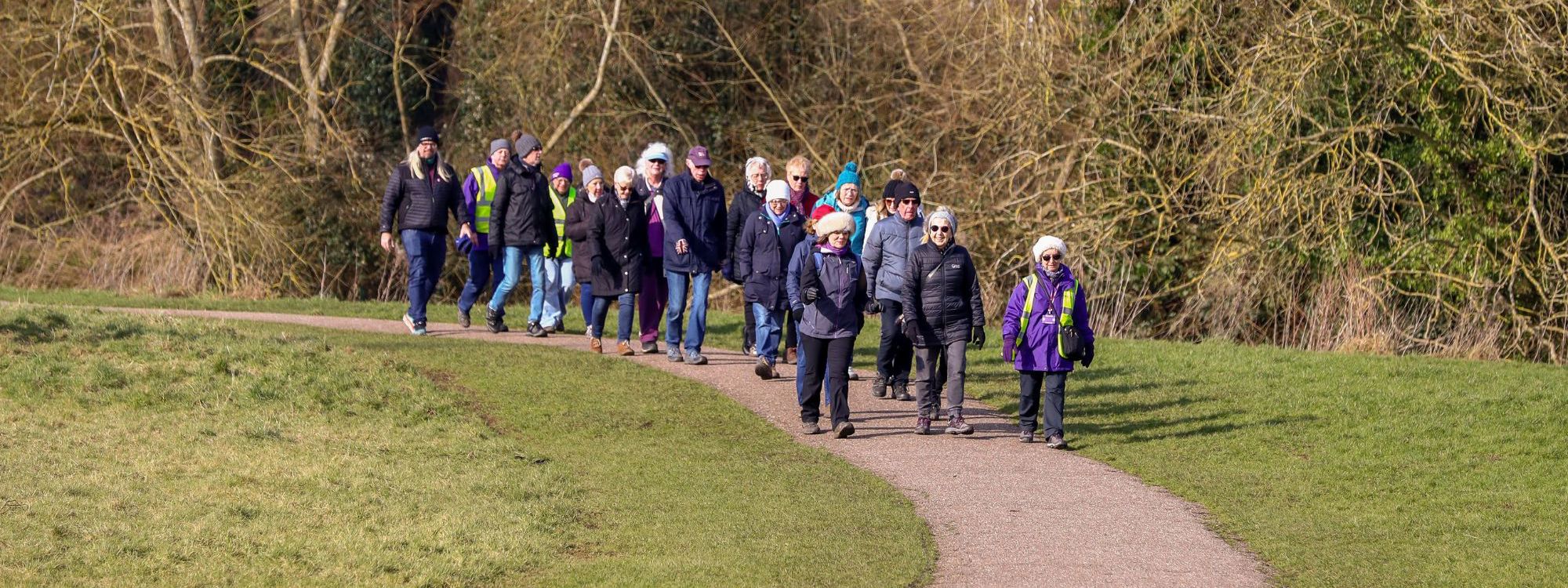 Group of people walking along pathway in a park