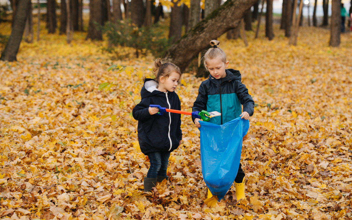 Two young children are stood in a pile of fallen leaves. One is holding a litter picker, putting some litter into the blue plastic bag that the other child is holding.
