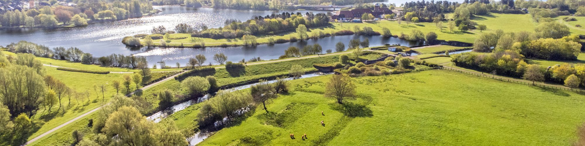 Drone view over Simpson near Caldecotte Lake in Milton Keynes