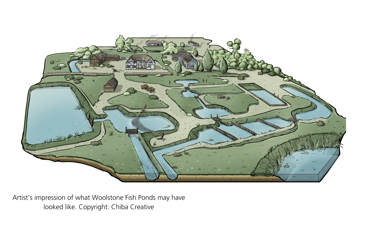 Illustration of Woolstone fishponds and manor house