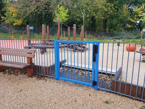 Blue gate to play park, Great Linford Manor Park