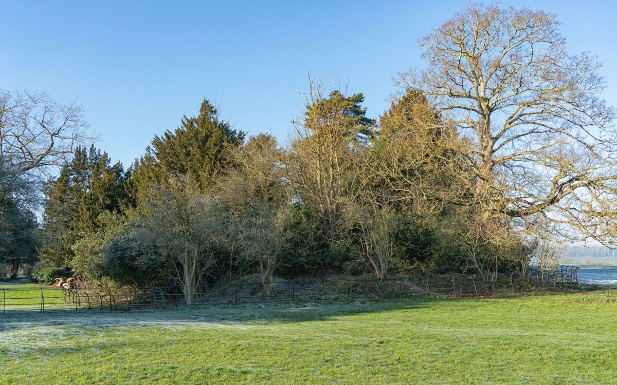 Mound of earth covered with trees surrounded by fence