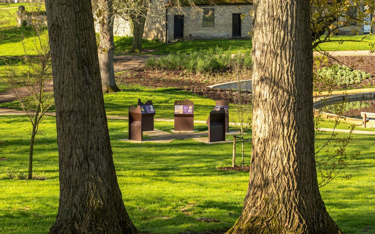 Interpretation signage at Great Linford Manor Park in Milton Keynes