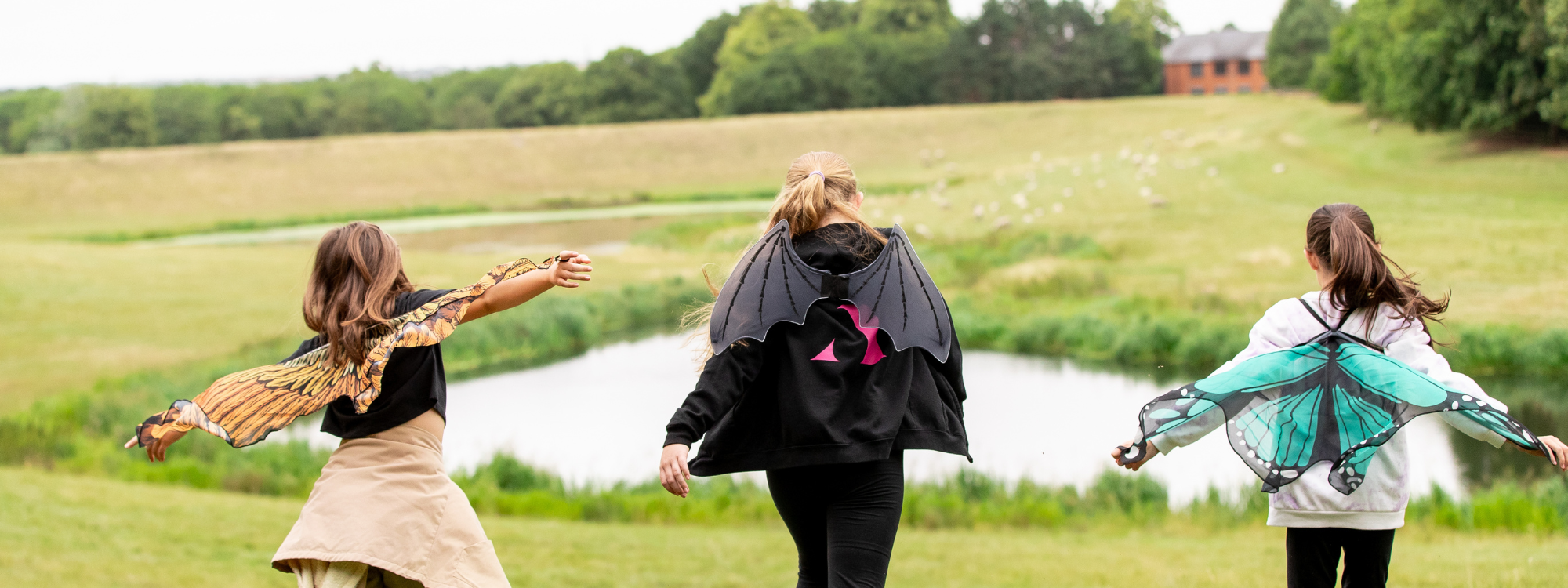 An image from behind of three girls running down a grassy hillside with a lake in the background. The girl on the left is wearing orange fabric bird wings, the middle girl is wearing fabric bat wings, and the girl on the right is wearing fabric green butterfly wings. 