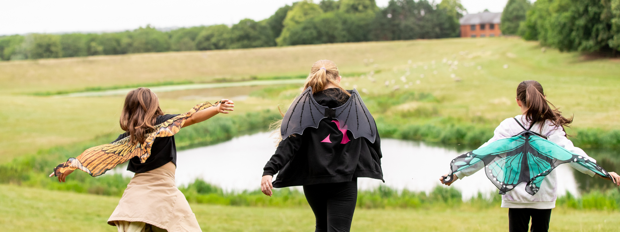 An image from behind of three girls running down a grassy hillside with a lake in the background. The girl on the left is wearing orange fabric bird wings, the middle girl is wearing fabric bat wings, and the girl on the right is wearing fabric green butterfly wings.