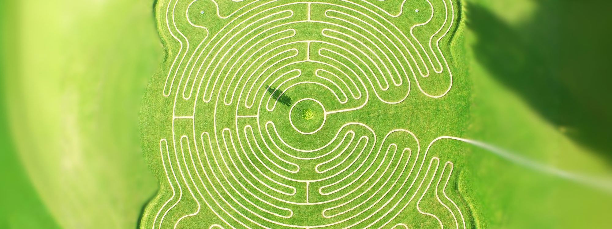 An aerial view of a large, circular labyrinth set in a grassy field. The labyrinth features intricate, symmetrical pathways outlined in white, forming a complex yet harmonious pattern. The design has four rounded corners that extend outward, adding to its uniqueness. At the center of the labyrinth is a small circular area with a tree, casting a shadow. The surrounding area is lush green, and the labyrinth is perfectly integrated into the landscape, offering a tranquil and meditative visual experience.