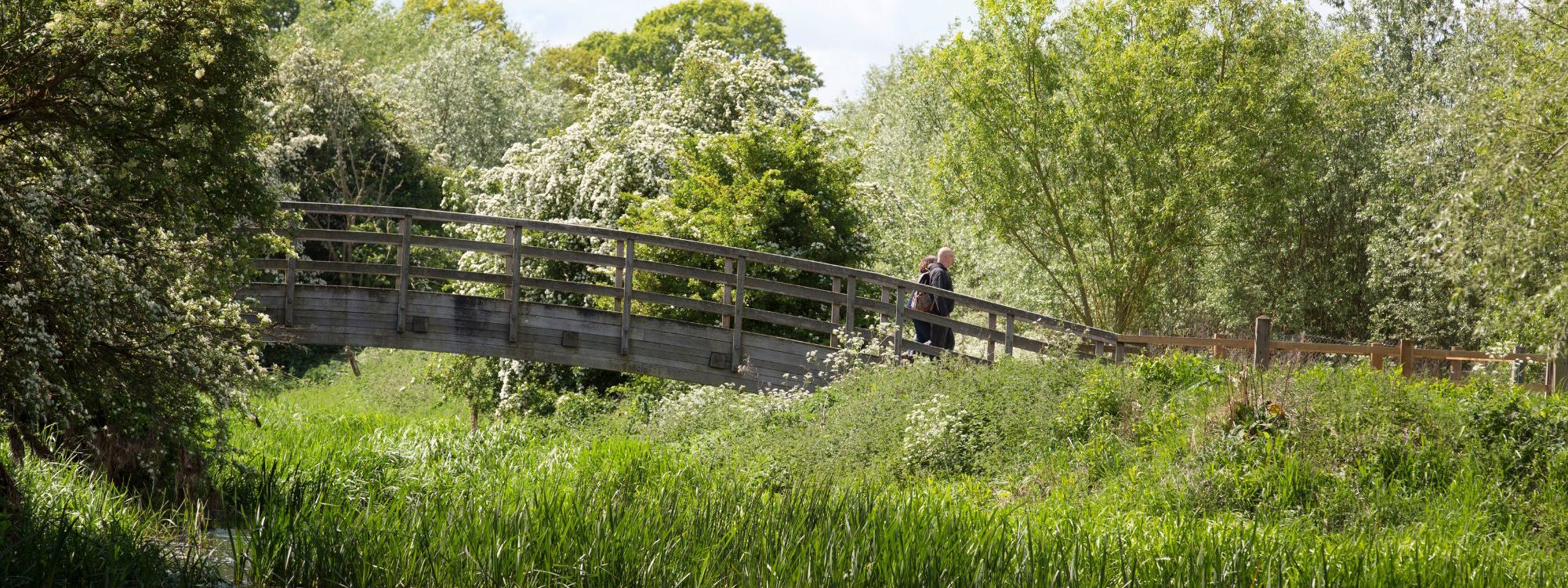 People crossing wooden bridge across river