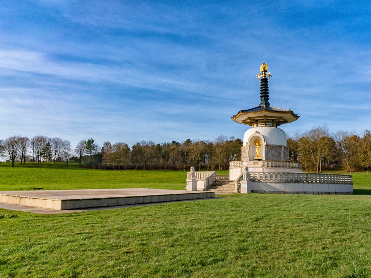 The image shows a white Buddhist stupa with a golden statue of Buddha placed in an alcove at the front. The stupa is situated in a grassy area with trees in the background under a blue sky with some clouds. The stupa features a traditional pagoda-style roof with a golden ornament at the top, and it is elevated on a platform with steps leading up to it. The overall design reflects elements of Japanese or East Asian architecture.