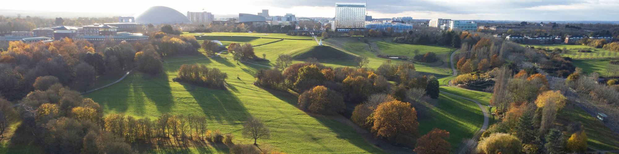 Autumnal Campbell Park Drone Shot looking towards Central Milton Keynes