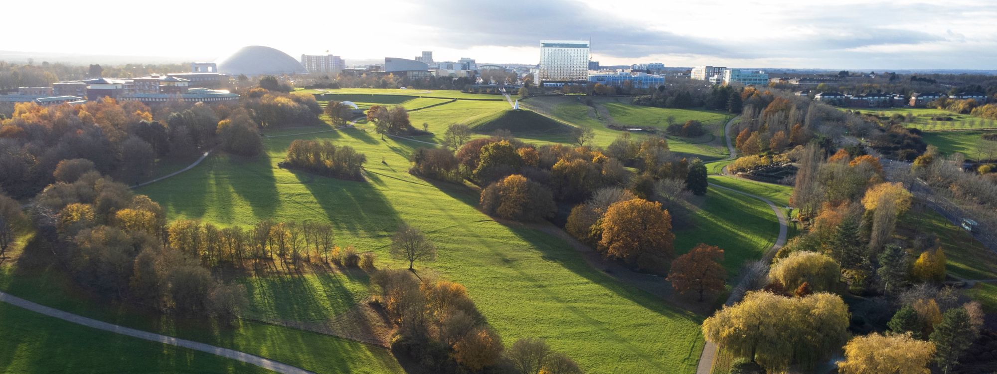 Autumnal Campbell Park Drone Shot looking towards Central Milton Keynes