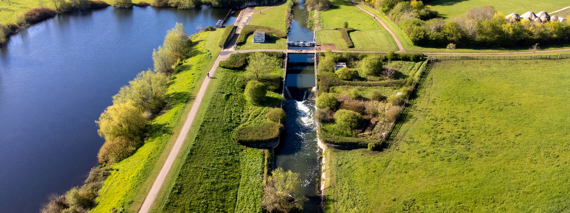 Drone photo of Caldecotte Lake and flood defences.