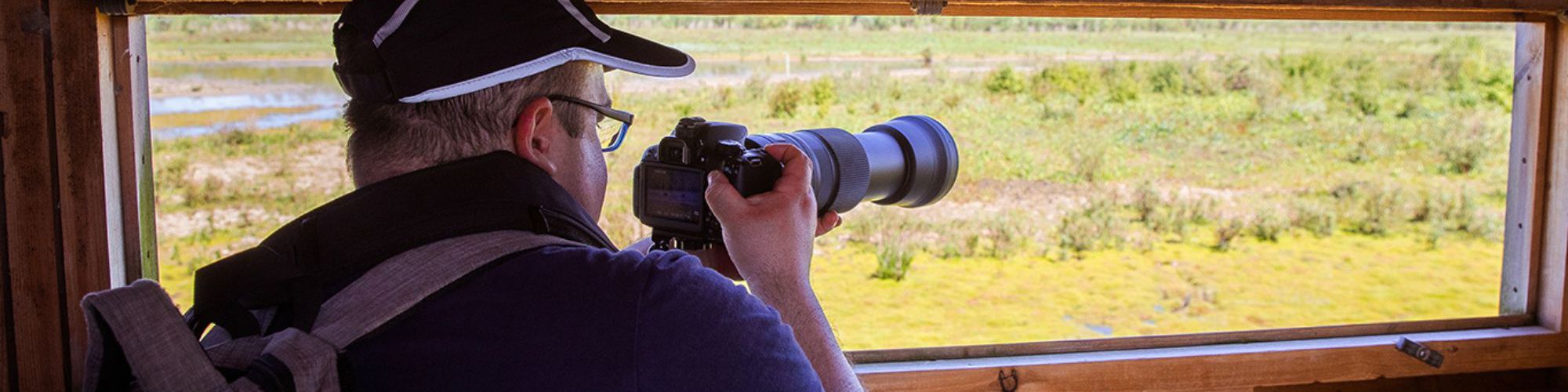 Person taking photos from the bird hide at Floodplain Forest Nature Reserve