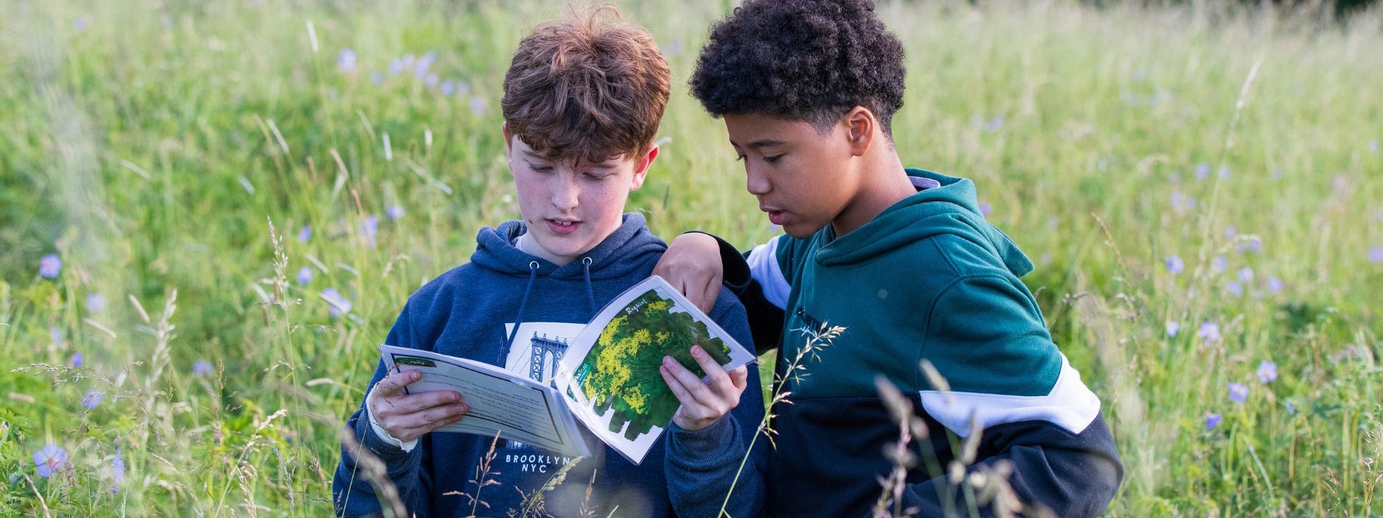 Two teenagers looking at booklet whilst stood in long grass