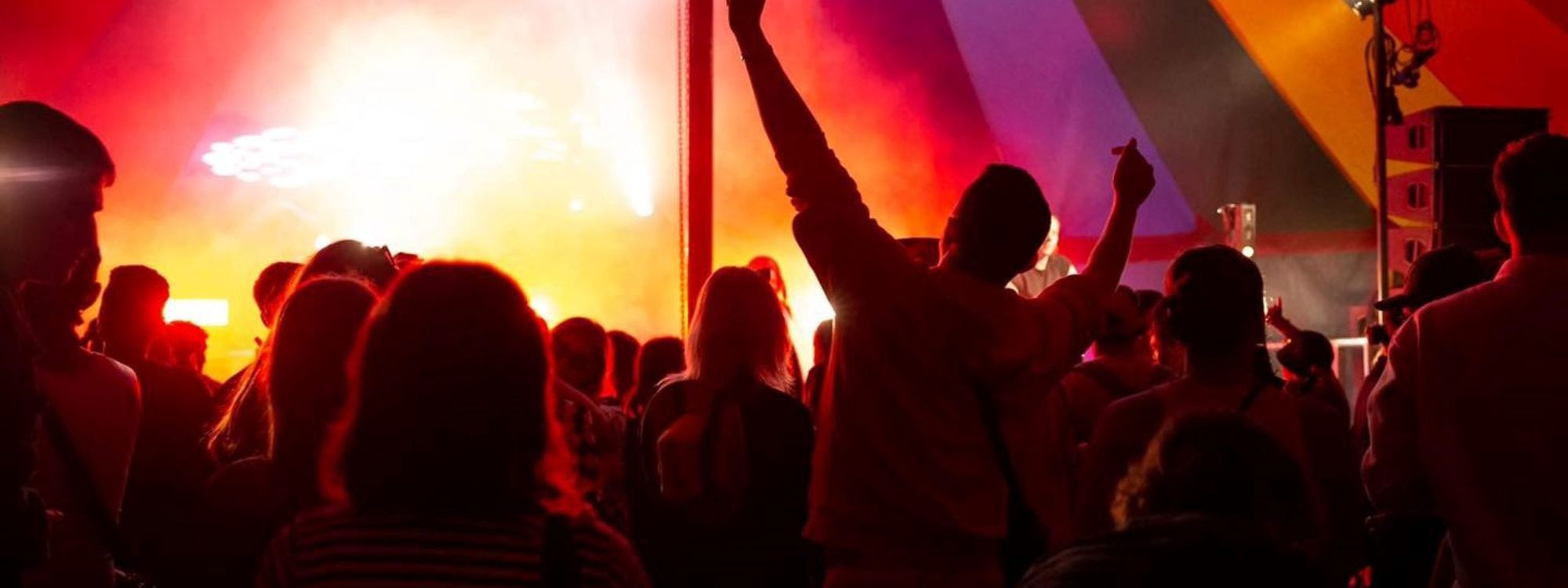 Crowd enjoying performance on stage in festival tent