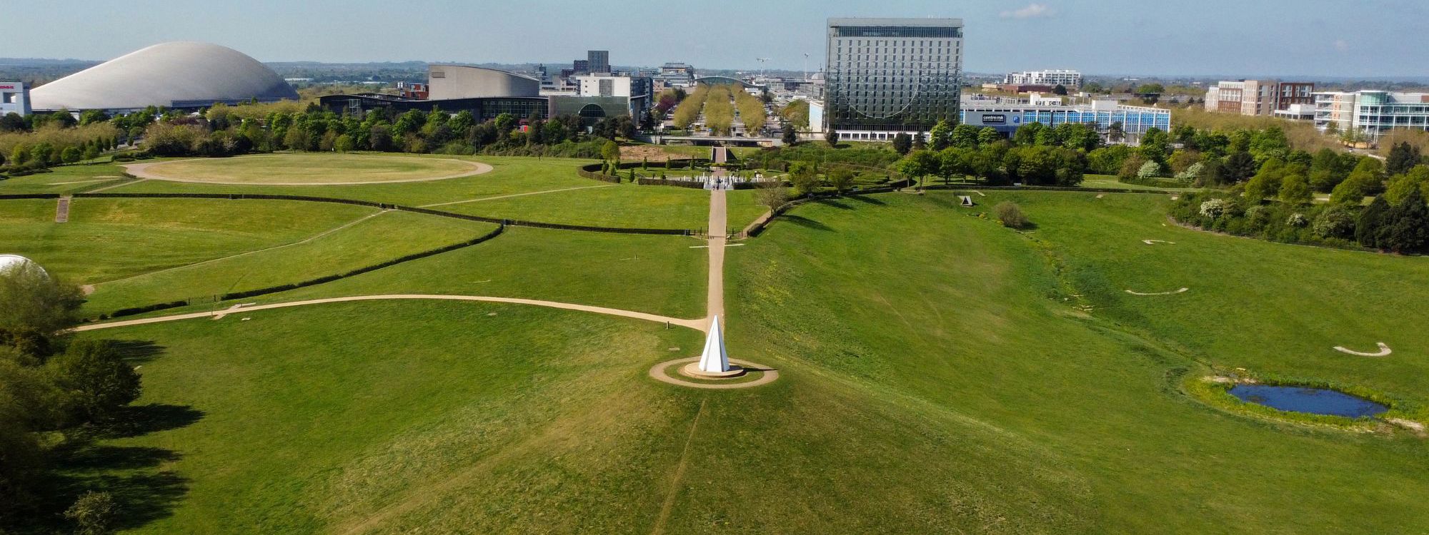 Drone view across Milton Keynes city centre 