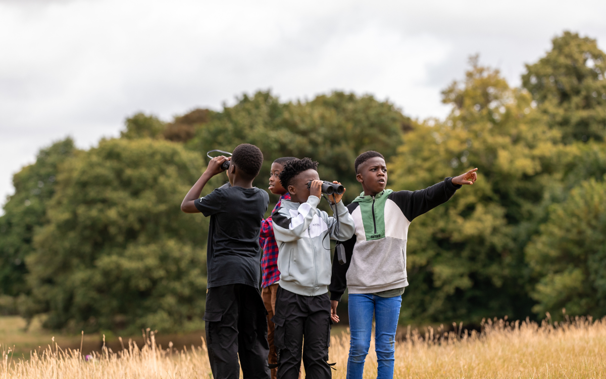 Four young boys stand in a grassy field with trees in the background. They are using binoculars and pointing excitedly.