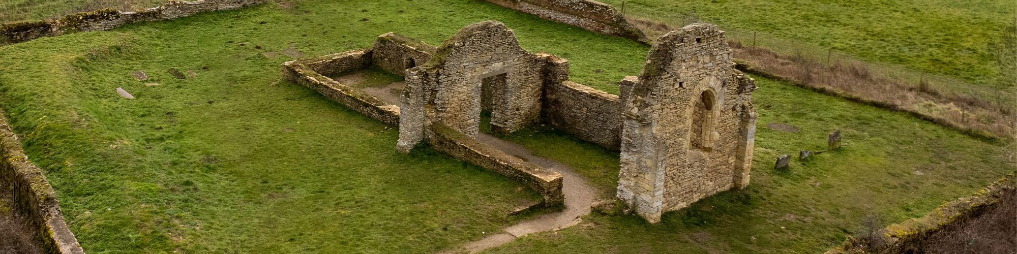 Birds eye view of the ruins of St Peter's Church