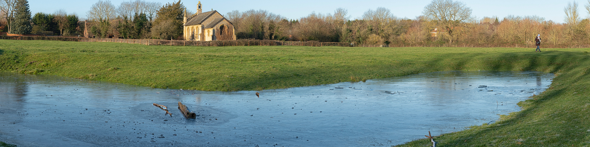 Woolstone Earthworks  - pond and church