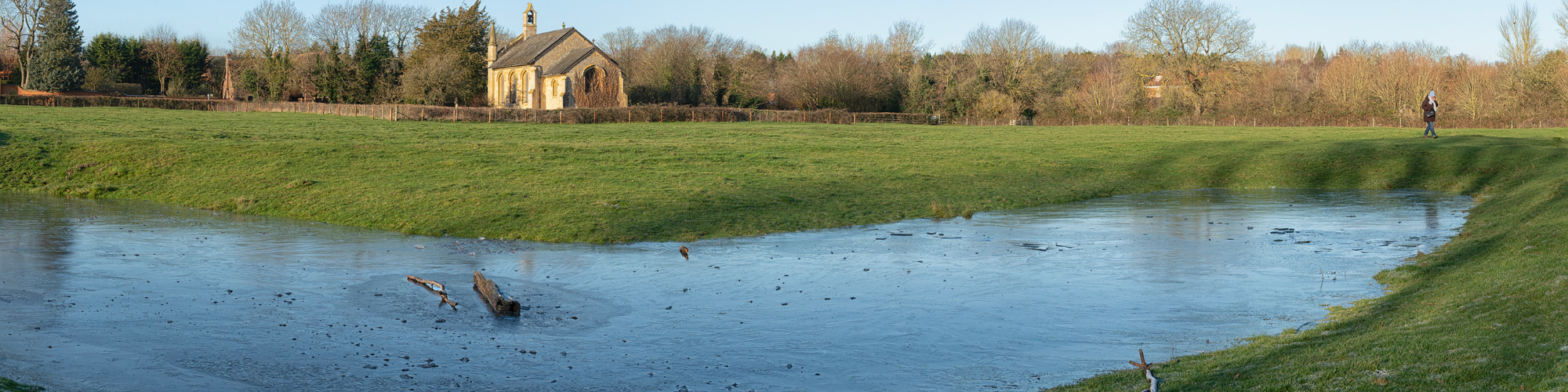 Woolstone Earthworks - pond and church