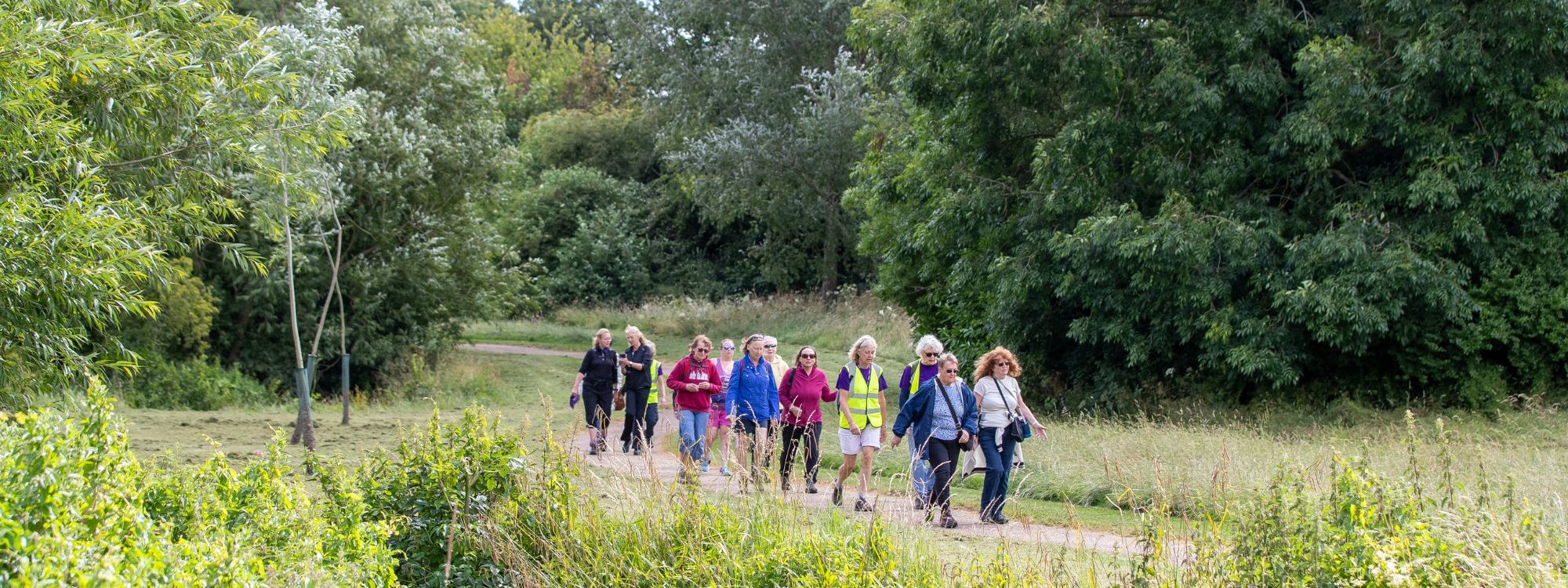 Group of women walking through a park