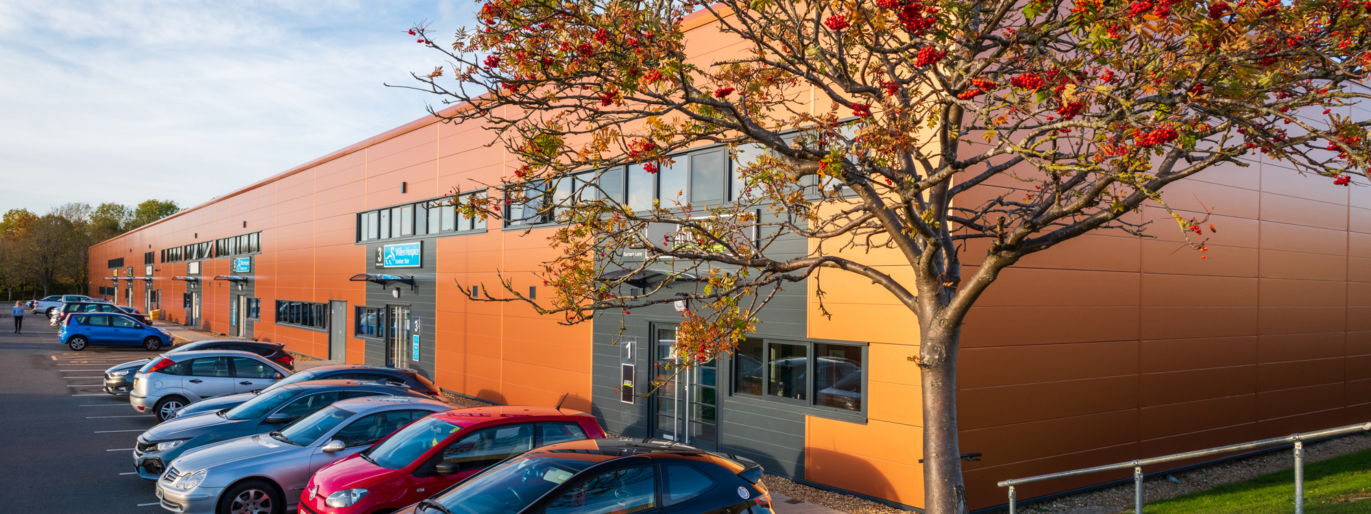 orange building exterior with car park and tree in foreground