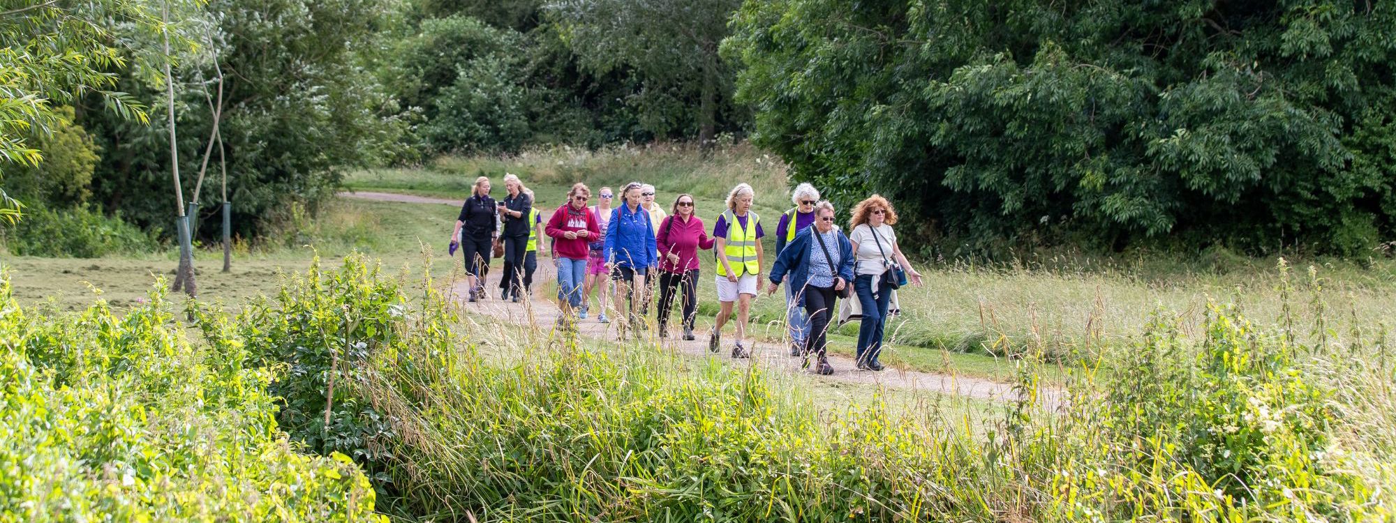 Group of people walking in green parkland