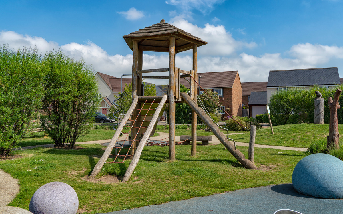 Timber climbing frame at Broughton Ripple Play Area.